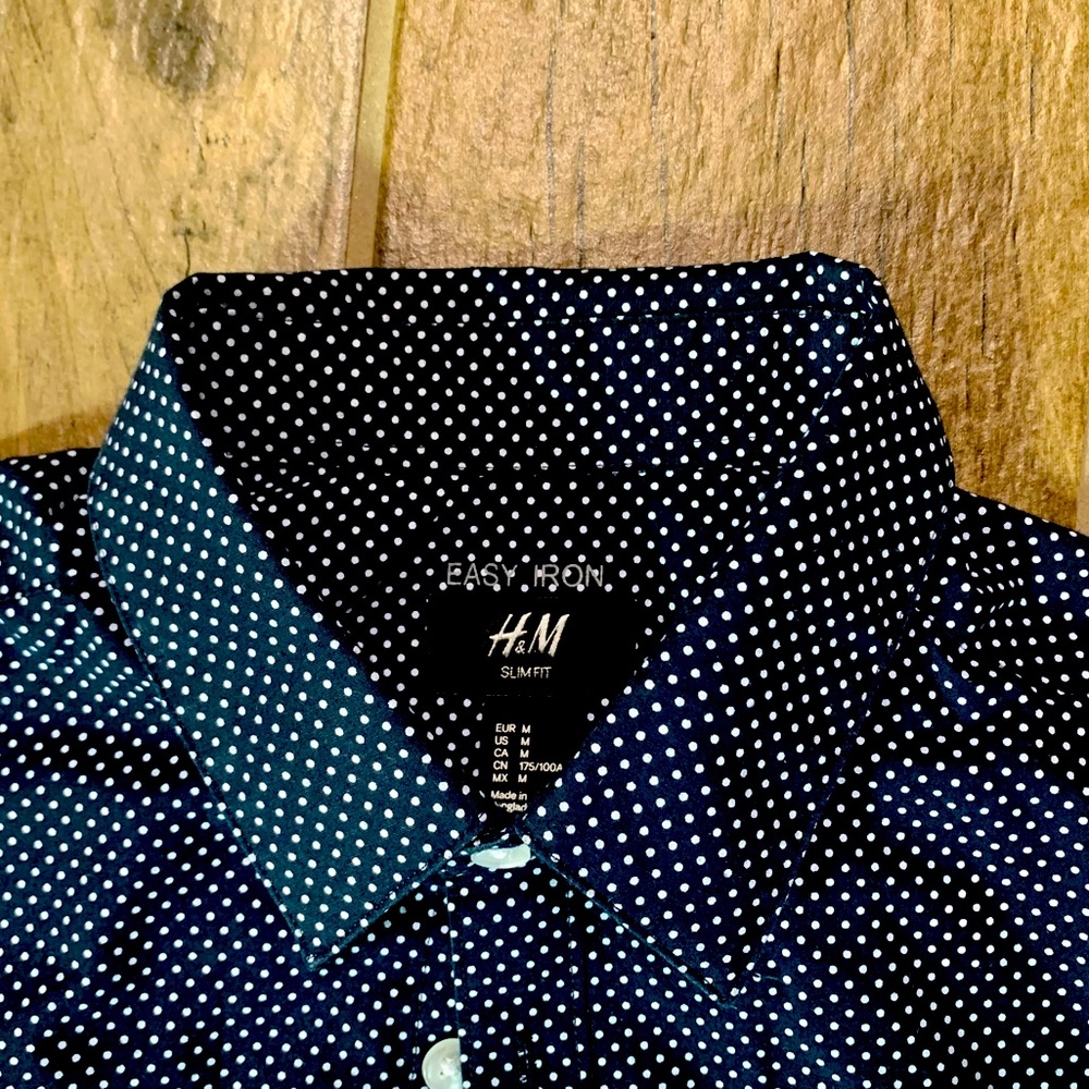 Navy White Dotted H&M Button Up Dress Shirt Easy Iron: Medium Slim Fit